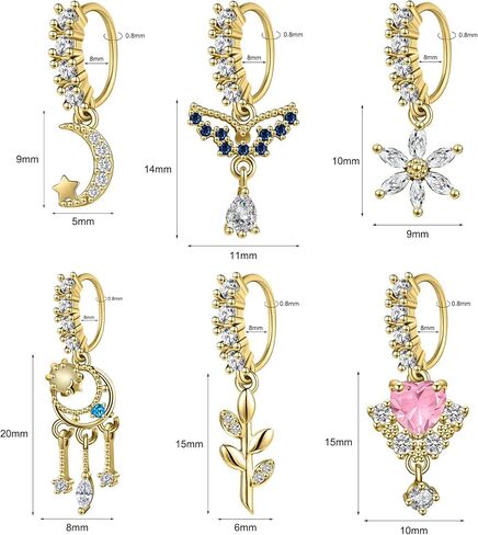 Dangle Nose Rings Hoops for Women 20G Nose Piercing Jewelry Set Copper Hypoallergenic Cartilage Earrings with CZ Flower Leaf Star Butterfly Design Septum Daith Tragus Helix Lip Piercing in Saudi Arabia