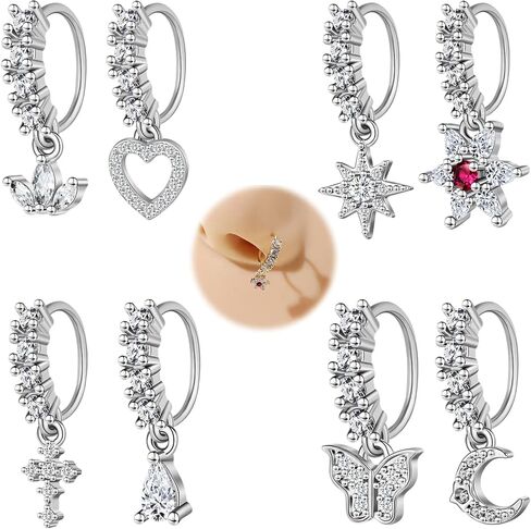 Dangle Nose Rings Hoops for Women 20G Nose Piercing Jewelry Set Copper Hypoallergenic Cartilage Earrings with CZ Flower Leaf Star Butterfly Design Septum Daith Tragus Helix Lip Piercing in Saudi Arabia