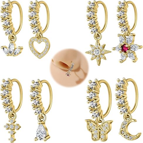 Dangle Nose Rings Hoops for Women 20G Nose Piercing Jewelry Set Copper Hypoallergenic Cartilage Earrings with CZ Flower Leaf Star Butterfly Design Septum Daith Tragus Helix Lip Piercing in Saudi Arabia