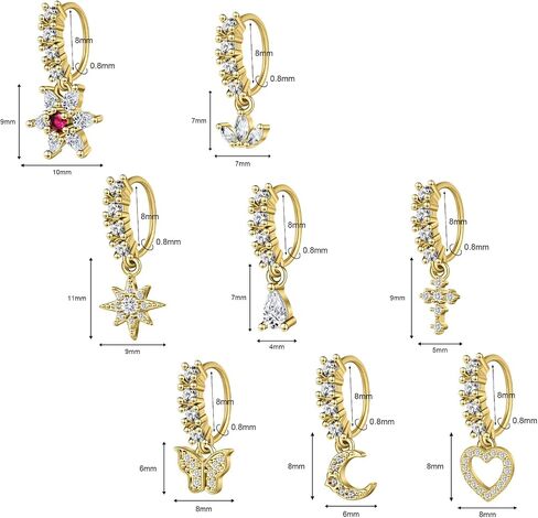 Dangle Nose Rings Hoops for Women 20G Nose Piercing Jewelry Set Copper Hypoallergenic Cartilage Earrings with CZ Flower Leaf Star Butterfly Design Septum Daith Tragus Helix Lip Piercing in Saudi Arabia