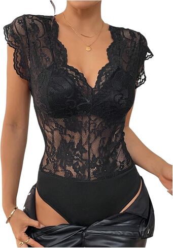 MakeMeChic Women's Floral Lace Sheer Bodysuit Deep V Neck Cap Sleeve Scallop Leotard Tops in Saudi Arabia