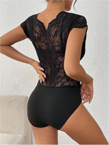 MakeMeChic Women's Floral Lace Sheer Bodysuit Deep V Neck Cap Sleeve Scallop Leotard Tops in Saudi Arabia