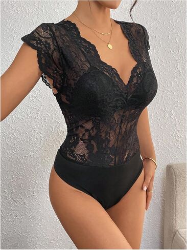 MakeMeChic Women's Floral Lace Sheer Bodysuit Deep V Neck Cap Sleeve Scallop Leotard Tops in Saudi Arabia