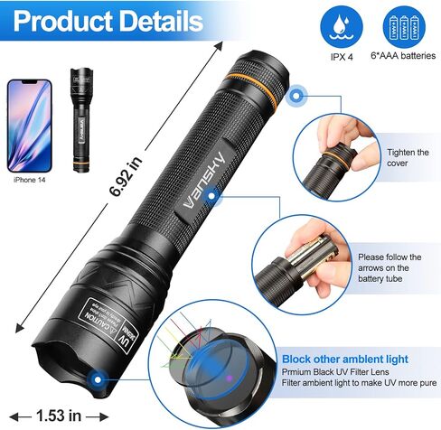 Vansky 365nm Black Light Flashlight: Rechargeable Blacklight UV Flashlights with 3 LED - Pet Urine Detector - AC Leak Detection & Rock Hunting in Saudi Arabia