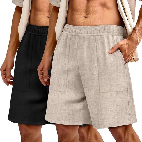 Huukeay 2 Pack Men's Linen Shorts 9" Casual Elastic Waist Drawstring Lightweight Summer Beach Vacation Bottoms with Pockets in Saudi Arabia