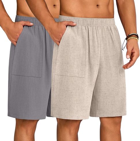 Huukaey 2 Pack Shorts Linen Linen Shorts 9 "خصر مرن غير رسومات خفيفة خفيفة الوزن القيعان الشاطئية مع جيوب in Saudi Arabia