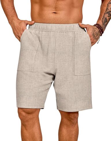 Huukaey 2 Pack Shorts Linen Linen Shorts 9 "خصر مرن غير رسومات خفيفة خفيفة الوزن القيعان الشاطئية مع جيوب in Saudi Arabia