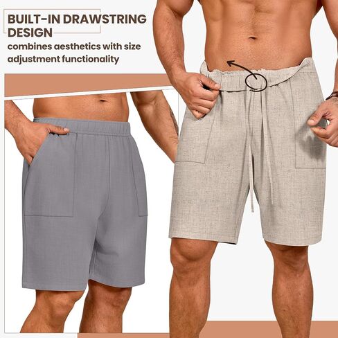 Huukaey 2 Pack Shorts Linen Linen Shorts 9 "خصر مرن غير رسومات خفيفة خفيفة الوزن القيعان الشاطئية مع جيوب in Saudi Arabia
