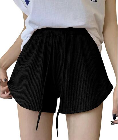 Womens Basic Casual Shorts Waffle Knit Drawstring Lounge Shorts Elastic Waist in Saudi Arabia
