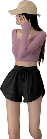 Womens Basic Casual Shorts Waffle Knit Drawstring Lounge Shorts Elastic Waist in Saudi Arabia