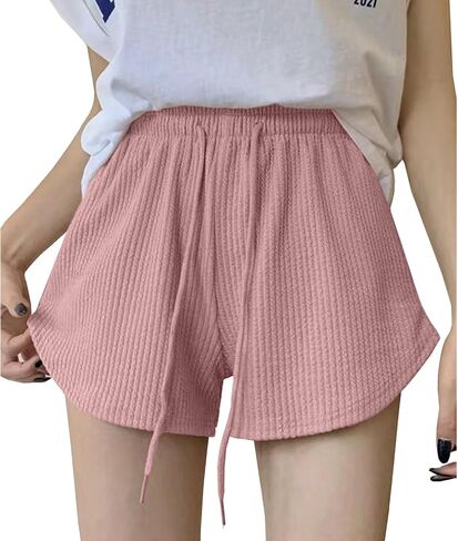 Womens Basic Casual Shorts Waffle Knit Drawstring Lounge Shorts Elastic Waist in Saudi Arabia