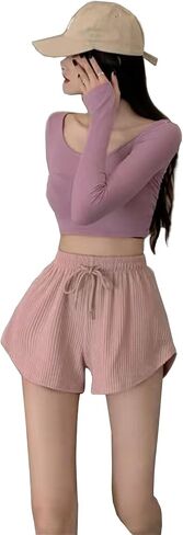 Womens Basic Casual Shorts Waffle Knit Drawstring Lounge Shorts Elastic Waist in Saudi Arabia