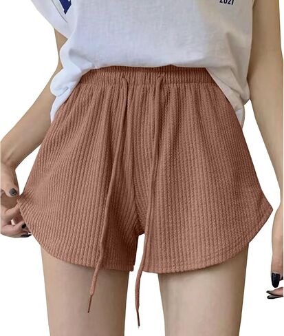 Womens Basic Casual Shorts Waffle Knit Drawstring Lounge Shorts Elastic Waist in Saudi Arabia