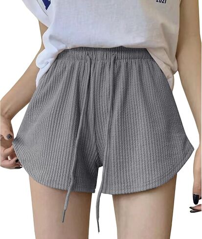 Womens Basic Casual Shorts Waffle Knit Drawstring Lounge Shorts Elastic Waist in Saudi Arabia