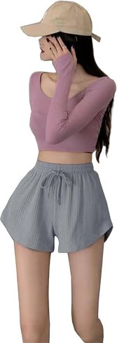 Womens Basic Casual Shorts Waffle Knit Drawstring Lounge Shorts Elastic Waist in Saudi Arabia
