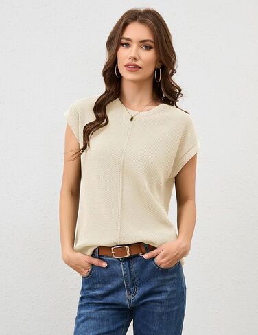 Neweek Womens Summer Cap Sleeve Tops Casual Crew Neck Sleeveless Knit Sweater Vest Loose Fit Lightweight Pullover Tank Tops in Kuwait