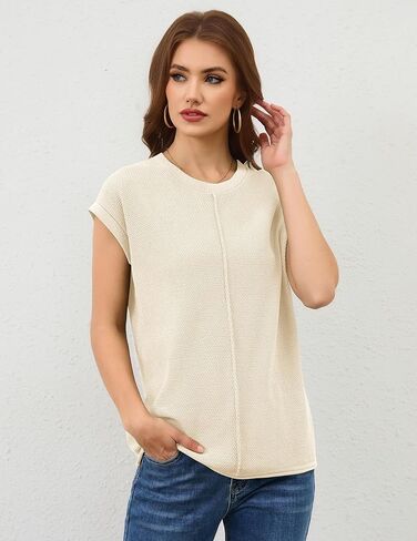 Neweek Womens Summer Cap Sleeve Tops Casual Crew Neck Sleeveless Knit Sweater Vest Loose Fit Lightweight Pullover Tank Tops in Kuwait