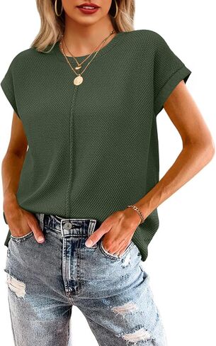 Neweek Womens Summer Cap Sleeve Tops Casual Crew Neck Sleeveless Knit Sweater Vest Loose Fit Lightweight Pullover Tank Tops in Saudi Arabia