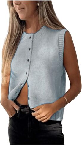 Milumia Women's Round Neck Button Up Sweater Vet Sleeveless Basic Knit Tops in Kuwait