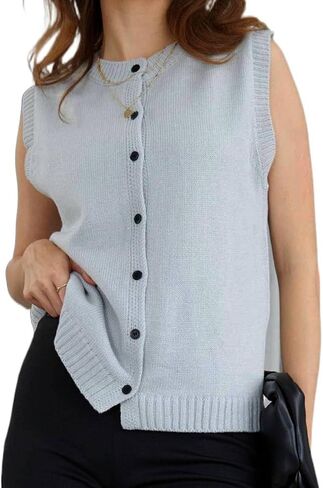 Milumia Women's Round Neck Button Up Sweater Vet Sleeveless Basic Knit Tops in Kuwait