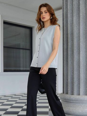 Milumia Women's Round Neck Button Up Sweater Vet Sleeveless Basic Knit Tops in Kuwait