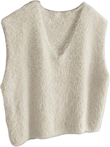 SweatyRocks Women's Faux Fur Sweater Vest Fuzzy V Neck Sleeveless Knit Vest Top in Saudi Arabia