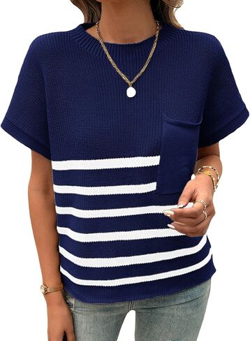 Wowcarbazole Women's Cap Sleeve Sweater Tops Crewneck Striped Casual Spring Summer Basic Knit Pullover Tee Shirt with Pocket in Saudi Arabia