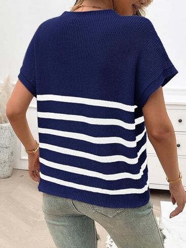 Wowcarbazole Women's Cap Sleeve Sweater Tops Crewneck Striped Casual Spring Summer Basic Knit Pullover Tee Shirt with Pocket in Saudi Arabia