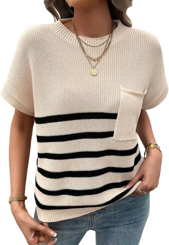 Wowcarbazole Women's Cap Sleeve Sweater Tops Crewneck Striped Casual Spring Summer Basic Knit Pullover Tee Shirt with Pocket in Saudi Arabia
