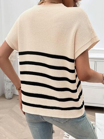Wowcarbazole Women's Cap Sleeve Sweater Tops Crewneck Striped Casual Spring Summer Basic Knit Pullover Tee Shirt with Pocket in Saudi Arabia