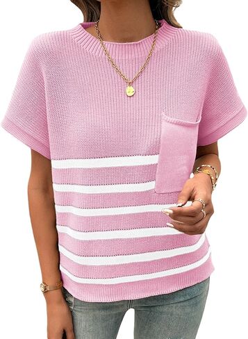 Wowcarbazole Women's Cap Sleeve Sweater Tops Crewneck Striped Casual Spring Summer Basic Knit Pullover Tee Shirt with Pocket in Saudi Arabia
