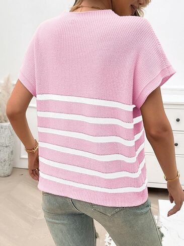 Wowcarbazole Women's Cap Sleeve Sweater Tops Crewneck Striped Casual Spring Summer Basic Knit Pullover Tee Shirt with Pocket in Saudi Arabia
