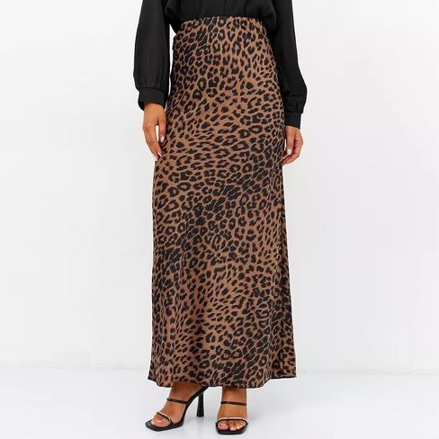 Islis Women's Slik Satin Leopard High Waist Wrap Elastic Waisted Maxi Long Skirt in Saudi Arabia