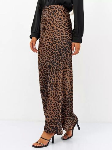 Islis Women's Slik Satin Leopard High Waist Wrap Elastic Waisted Maxi Long Skirt in Saudi Arabia