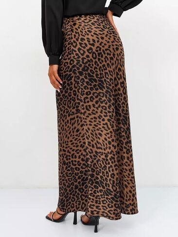 Islis Women's Slik Satin Leopard High Waist Wrap Elastic Waisted Maxi Long Skirt in Saudi Arabia