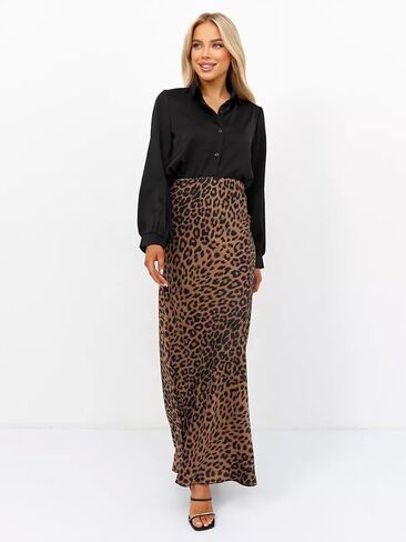 Islis Women's Slik Satin Leopard High Waist Wrap Elastic Waisted Maxi Long Skirt in Saudi Arabia