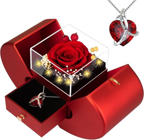 Preserved Real Red Rose with l Love You Necklace Eternal Forever Flowers Rose Birthday Gifts for Women Her Mom Wife Girlfriend Grandma on Valentines Mothers Day Christmas Anniversary Romantic-Red in Kuwait