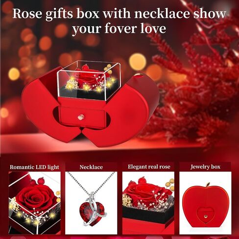 Preserved Real Red Rose with l Love You Necklace Eternal Forever Flowers Rose Birthday Gifts for Women Her Mom Wife Girlfriend Grandma on Valentines Mothers Day Christmas Anniversary Romantic-Red in Kuwait