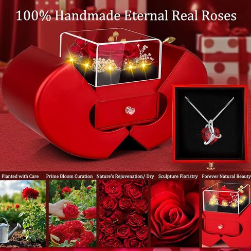 Preserved Real Red Rose with l Love You Necklace Eternal Forever Flowers Rose Birthday Gifts for Women Her Mom Wife Girlfriend Grandma on Valentines Mothers Day Christmas Anniversary Romantic-Red in Kuwait