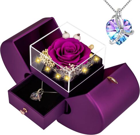 Preserved Real Red Rose with l Love You Necklace Eternal Forever Flowers Rose Birthday Gifts for Women Her Mom Wife Girlfriend Grandma on Valentines Mothers Day Christmas Anniversary Romantic-Red in Kuwait