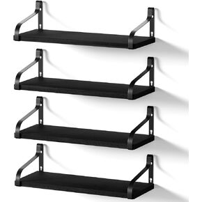 Love-KANKEI Black Floating Shelves for Wall Set of 4, 15.7 Inch Wood Wall Shelves with Bracket, Rustic Hanging Shelves for Bathroom, Bedroom, Kitchen,Living Room, Office Display