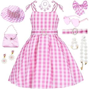 SZ -Tonda Girls Pink Plaid Costume Strap Dress - Kids 2023 Movie Cosplay Birthday Halloween Party Form
