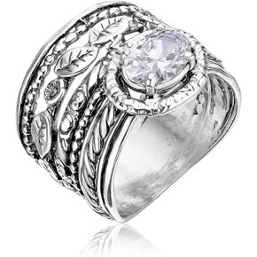 JEAN RACHEL JEWELRY 925 Sterling Silver Ring - Wide Multi Strand Floral & Leaves with Cubic Zirconia Vintage Design - Hypoallergenic, Lead & Nickel Free - Artisan Handcrafted Statement Rings for Women