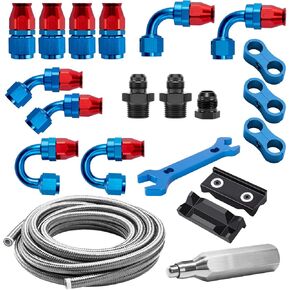 6AN PTFE Fuel Line Kit, AN6 E85 Stainless Steel Braided PTFE Fuel Line Hose 20FT With 6AN Hose End Fittings Straight/45/90/180 Degree Red&Blue, Sliver