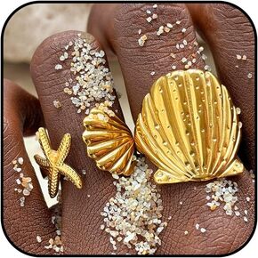 HUASAI Gold Chunky Beachy Rings Dainty Seashell Shell Starfish Flower Ring Set Boho Stackable Rings for Women Summer Jewelry for Women Beach Accessories Vacation Party Summer Stuff