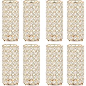 8 Pcs Gold Crystal Flower Vase and Pillar Candle Holder Set, 7.87" Metal Cylinder Stand for Wedding Table Centerpieces, Flower Arrangements, Christmas Party, Event Decor, and Gifts