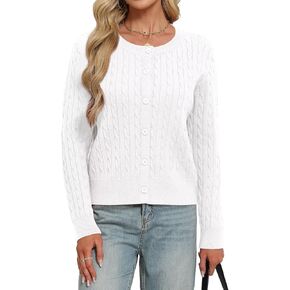 Leedya Women Long Sleeve Cable Cardigan Button Button Down Open Front Sweater Crewneck Fall Stack
