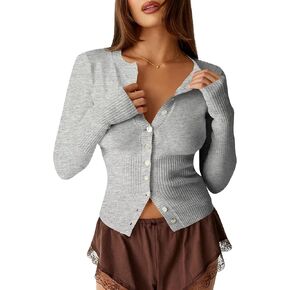 BAIGRAM Women Open Front Button Cropped Cardigan Fall Lightweight Soft Knit Sweaters Long Sleeve Fitted Casual Tops