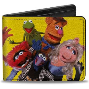 Buckle-Down Disney Bifold Wallet with Standard Billfold and Card Slots, The Muppets Group Portrait and Autographs Collage Yellow, Vegan Leather