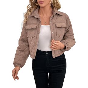 Womens Winter Cropped Puffer Jacket Button Down Sleeve Shacket Coat Warm Outerwear
